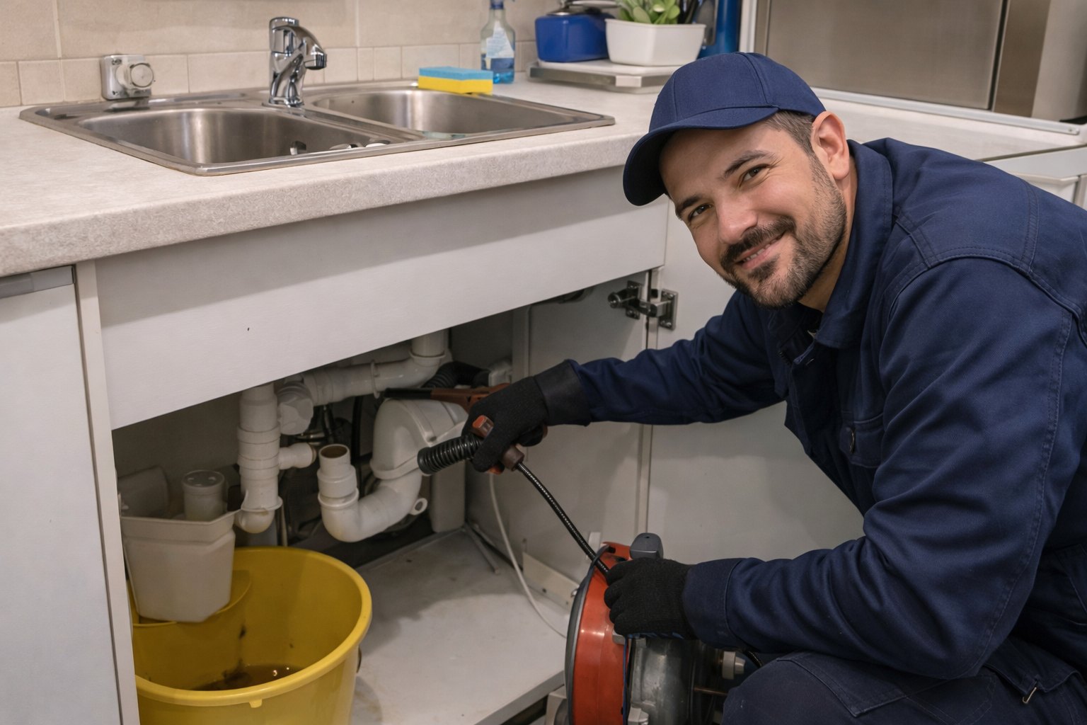 Частный мастер Андрей выполняет прочистку канализации под мойкой